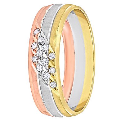 Stella Grace 14k Tri-Tone Gold Men's 6 mm Cubic Zirconia Matte Triple Row Wedding Band