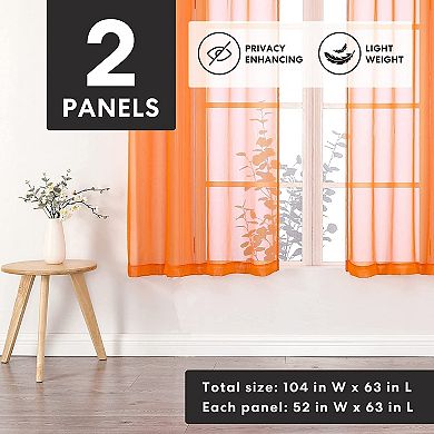 GoodGram® Basics Bright Orange 2 Piece Grommet Top Translucent Sheer Voile Window Curtain Panels - 63 in. Long