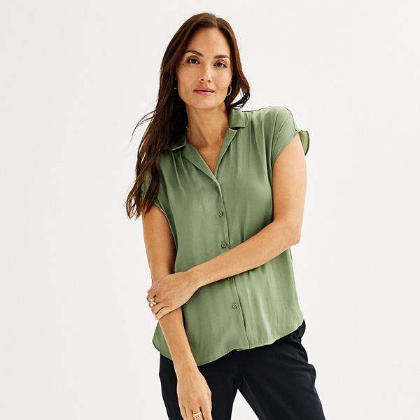 Womens Nine West Short Sleeve Easy Lapel Shirt - Camden Green (X SMALL)