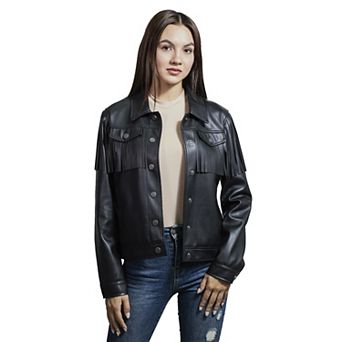 Women's Wrangler Faux Leather Trucker Jacket With Fringe