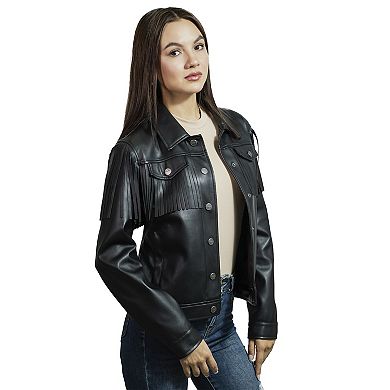 Women's Wrangler Faux Leather Trucker Jacket With Fringe