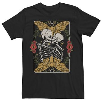 Juniors' Skeleton Embrace Moth Floral Circle Tarot Card Graphic Tee