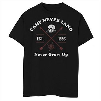 Disney's Peter Pan Boys Camp Never Land Never Grow Up Logo Tee