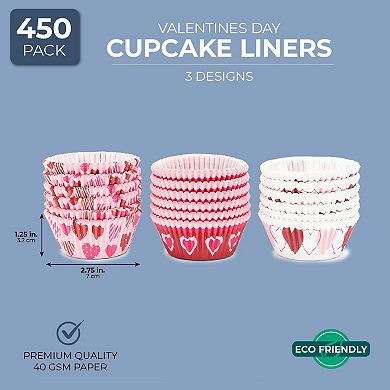 Valentine's Cupcake Dessert Liners, Pink and Red Heart Muffin Cups (3 Designs, 450 Pack)