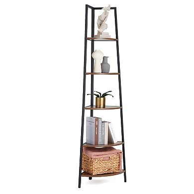 JOMEED 5 Shelf Corner Etagere Ladder Bookcase for Corner Space, Black and Brown