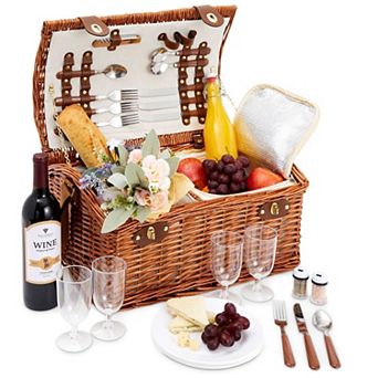 Wicker Picnic Basket For 4 With Utensils, Glasses, And Insulated Cooler Bag