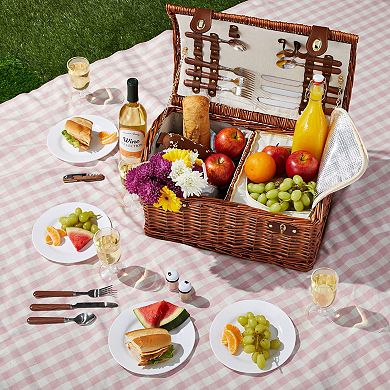 Wicker Picnic Basket For 4 With Utensils, Glasses, And Insulated Cooler Bag