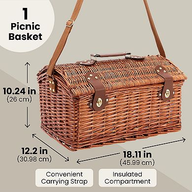 Wicker Picnic Basket For 4 With Utensils, Glasses, And Insulated Cooler Bag