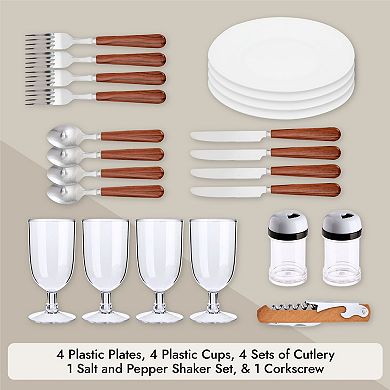 Wicker Picnic Basket For 4 With Utensils, Glasses, And Insulated Cooler Bag