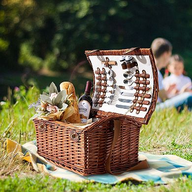 Wicker Picnic Basket For 4 With Utensils, Glasses, And Insulated Cooler Bag