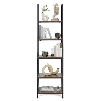 JOMEED Freestanding Industrial 5 Tier Open Shelf Ladder Bookcase, Gray & Brown