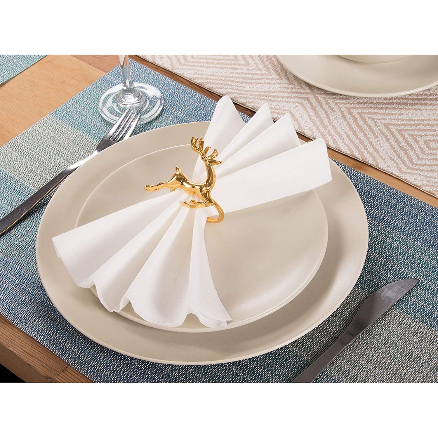 Set Of 12 Christmas Napkin Rings – Silver & Gold Reindeer & Tree Design For Holiday Table Decor