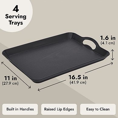 4 Pack Black Plastic Serving Tray with Handles for Eating (16.5 x 11 In)