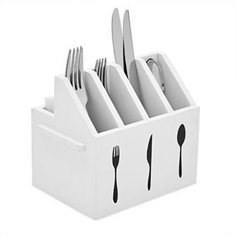 Wooden Utensil Holder, Silverware Caddy for Kitchen (7 x 5.5 x 6.6 in White)