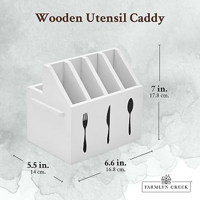 Wooden Utensil Holder, Silverware Caddy for Kitchen (7 x 5.5 x 6.6 In, White)