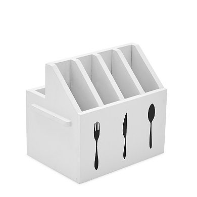 Wooden Utensil Holder, Silverware Caddy for Kitchen (7 x 5.5 x 6.6 In, White)
