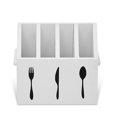 Wooden Utensil Holder, Silverware Caddy for Kitchen (7 x 5.5 x 6.6 In, White)