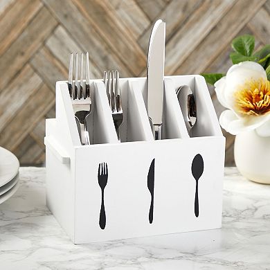 Wooden Utensil Holder, Silverware Caddy for Kitchen (7 x 5.5 x 6.6 In, White)