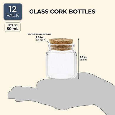 12 Pack 50ml Small Glass Bottles with Cork Stopper, Mini Jars With Lids for DIY Crafts, Party Favors, Candy