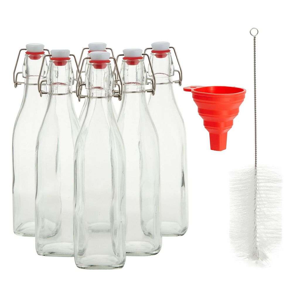 6 Pack 16 Oz Glass Bottles With Swing Top Lids, Brush, And Funnel ...