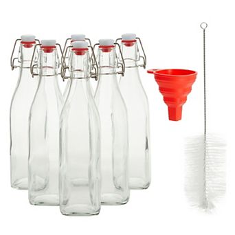 6 Pack 16 Oz Glass Bottles With Swing Top Lids, Brush, And Funnel (square Base)