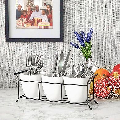 3-piece White Ceramic Utensil Holder With Metal Stand, Flatware Caddy, 13x4x5 In
