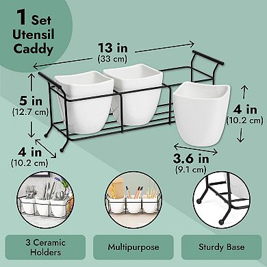 3-piece White Ceramic Utensil Holder With Metal Stand, Flatware Caddy, 13x4x5 In