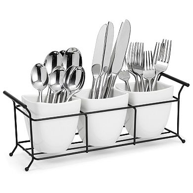 3-piece White Ceramic Utensil Holder With Metal Stand, Flatware Caddy, 13x4x5 In