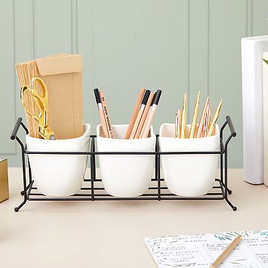 3-piece White Ceramic Utensil Holder With Metal Stand, Flatware Caddy, 13x4x5 In