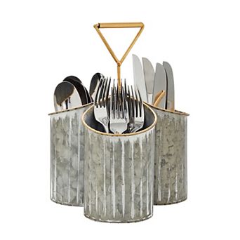 3 Compartment Galvanized Utensil Holder for Countertop (Rustic, 7.8x8x10.6 In)