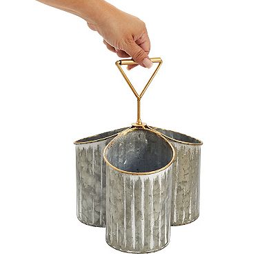 3 Compartment Galvanized Utensil Holder for Countertop (Rustic, 7.8x8x10.6 In)