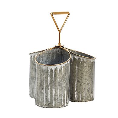 3 Compartment Galvanized Utensil Holder for Countertop (Rustic, 7.8x8x10.6 In)