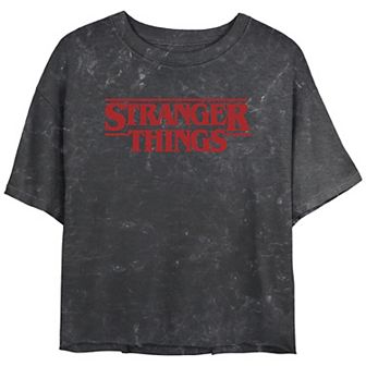 Juniors' Stranger Things Solid Logo Mineral Wash Cropped Tee