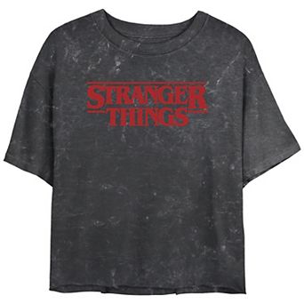 Juniors' Stranger Things Solid Logo Mineral Wash Cropped Tee