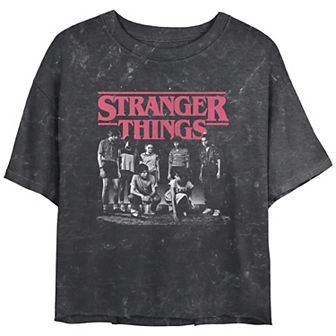 Juniors' Stranger Things Faded Cast Poster Mineral Wash Cropped Tee
