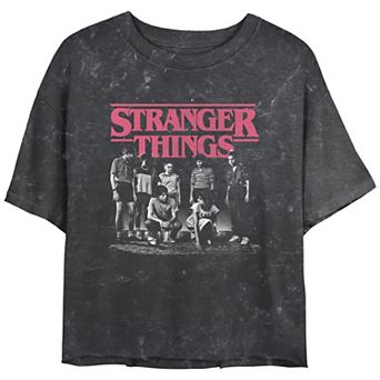 Juniors' Stranger Things Faded Cast Poster Mineral Wash Cropped Tee