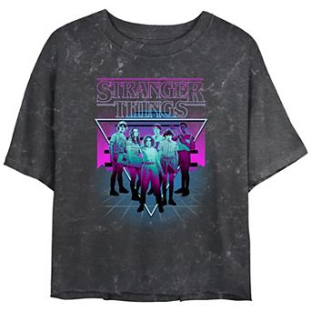 Juniors' Stranger Things Group Neon Triangle Mineral Wash Cropped Tee