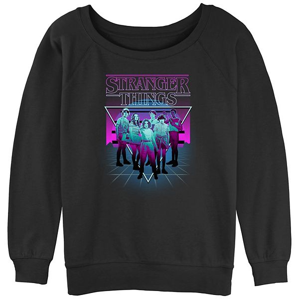 Juniors' Stranger Things Group Neon Triangle Slouchy Sweatshirt