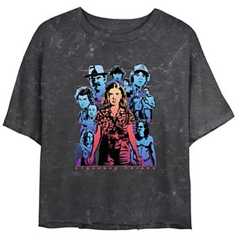Juniors' Stranger Things Eleven Group Shot Mineral Wash Cropped Tee
