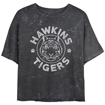 Juniors' Stranger Things Hawkins Tigers Emblem Mineral Wash Cropped Tee