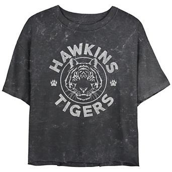Juniors' Stranger Things Hawkins Tigers Emblem Mineral Wash Cropped Tee