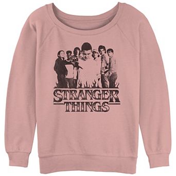 Juniors' Stranger Things Fire Logo Main Characters Slouchy Terry Graphic Pullover
