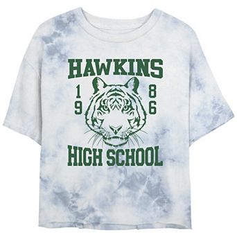 Juniors' Stranger Things Hawkins 1986 High School Bombard Wash Cropped Tee