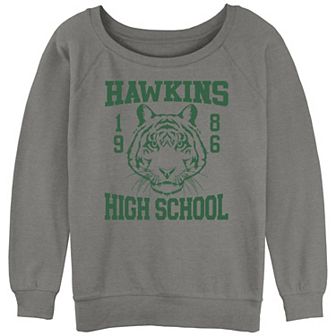 Juniors' Stranger Things Hawkins 1986 High School Slouchy Terry Graphic Pullover