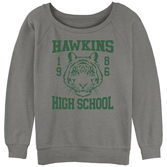 Juniors' Stranger Things Hawkins 1986 High School Slouchy Terry Graphic Pullover