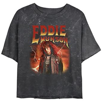 Juniors' Stranger Things Eddie Munson Hellfire Club Mineral Wash Cropped Tee