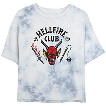 Juniors' Stranger Things Hellfire Club Mace And Dagger Bombard Wash Cropped Tee