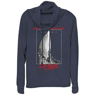 Juniors' Star Wars The Return Of The Jedi Kanji Ligthsaber Poster Cowlneck Graphic Lightweight Long Sleeve