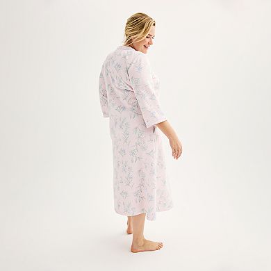 Plus Size Miss Elaine Essentials Quilt-In-Knit Long Floral Print Zip-Up Robe