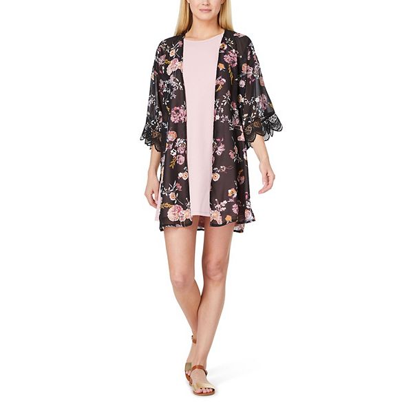Juniors' WallFlower Kacie Swing Dress With Lace Trim Kimono